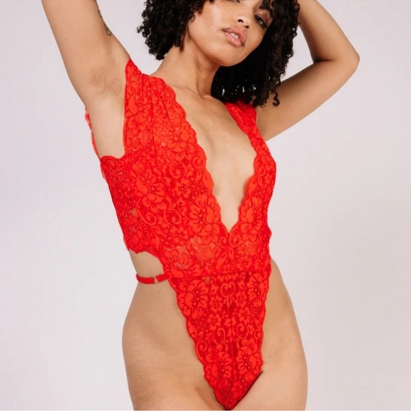 NWT Free People HAH Cut to the Chase Bodysuit XS Lace Lingerie Blood Orange Red - Picture 5 of 16